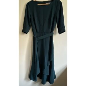 Danny & Nicole Forest Green Dress 8 Belt Ruffle Short Sleeves Buttons Christmas